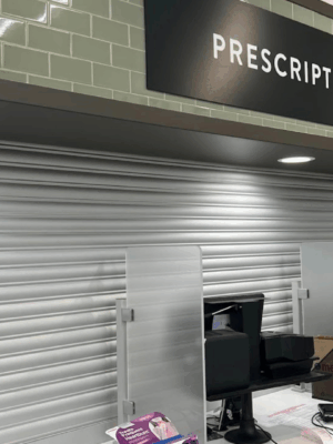 Security shutter style roll-up door installed at a pharmacy